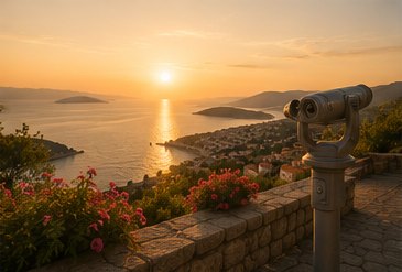 Vidikovac s dalekozorom iznad obale Krka u zalasku sunca